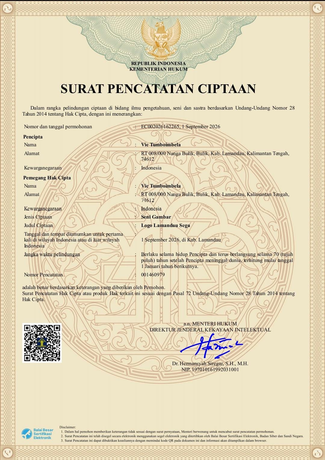 SERTIFIKAT HAK CIPTA LOGO & MEREK LAMANDAU SEGA'